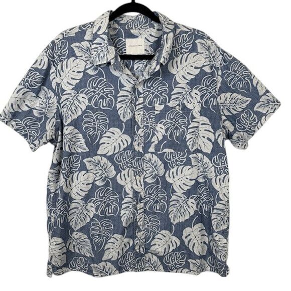 American Eagle Button Front Shirt Tropical Blue and White Palm Leaf Size Large - Picture 1 of 9